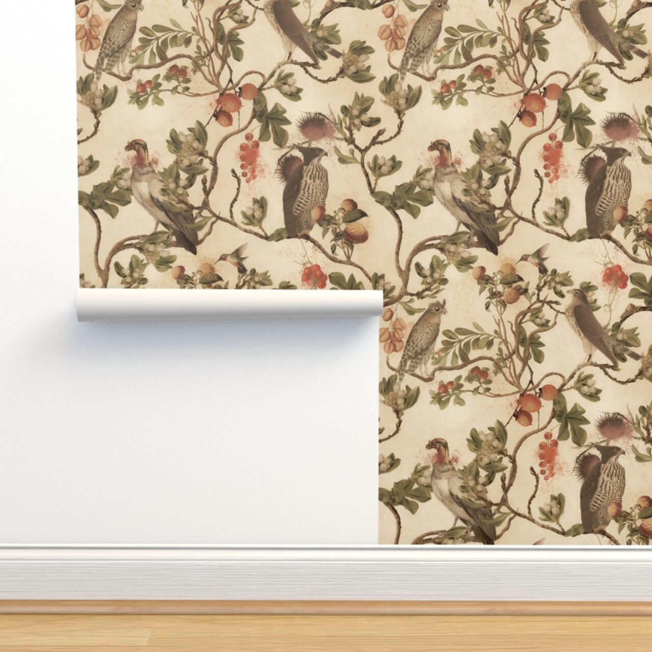 Vintage Birds Watercolor Chinoiserie Antiqued Of Prey Sepia Green Tan Botanical Custom Removable Wallpaper by Spoonflower Peel & Stick Wallpaper 2FT Wide